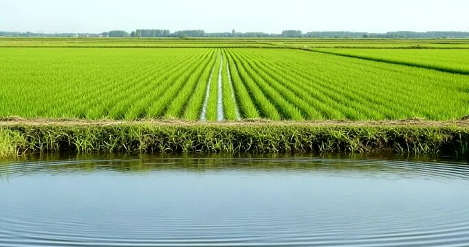 Vast green rice field with water channels and a pond in the foreground