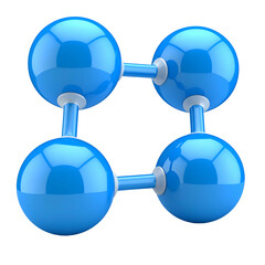 Glossy blue spheres interconnected, forming a geometric shape on a stark black background