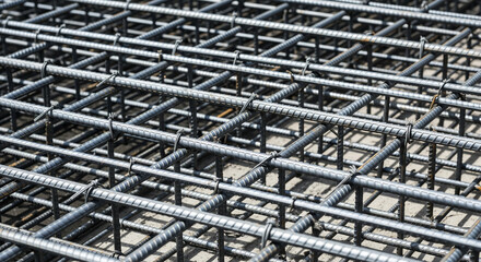 Abstract background of intersecting steel rebar rods tied together on a foundation site. Focus on the geometric pattern and the raw strength of the materials, with a hint of concrete below. Reinforcem