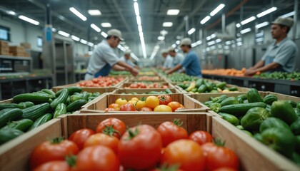Workers sort fresh tomatoes, cucumbers carefully in large food processing facility. Inspect vegetables on busy production line, placing into wooden crates. Laborers prepare farm produce for