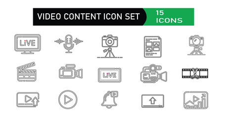 Fototapeta premium Video Content Icon Set – Stock vector containing of Live Streaming, Camera, Microphone, Film, Play Button, and Video Production Line Icons Vector