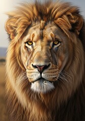 Naklejka premium Majestic Close-Up of a Lion with Intense Eyes and Lush Mane in Natural Habitat
