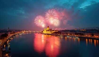 Fireworks explode above Budapest over Danube river at night. Parliament building glows in lights. Festive mood for tourists, city celebrating holiday. Water reflects buildings and skyline.