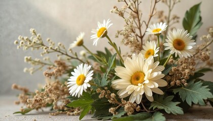 White daisies and green leaves in neutral tones create a rustic botanical arrangement. Dried foliage adds texture to this tranquil floral composition. Ideal for natural decor and organic branding.