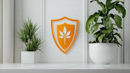 Orange shield emblem with stylized leaf symbol hanging white wall between potted green plants, modern natural decor and calm