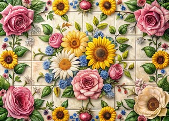 Floral design on ceramic tile with intricate details of roses