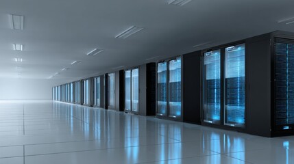 Fototapeta premium Futuristic Supercomputer with Glowing Blue Lights in High-Tech Minimalist Environment, Showcasing Advanced Technology and Innovation with Ample Copy Space