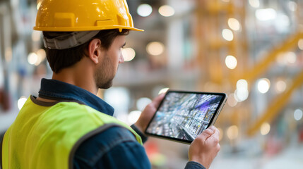Clouse up Back view of engineer's shoulders framing focused AR tablet display with infrastructure scan projection, with copy space