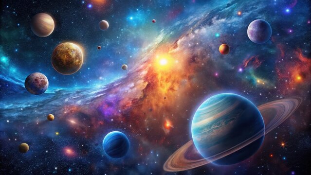 Cosmic galaxy stars and planets floating in a vast dark space - Powered by Adobe