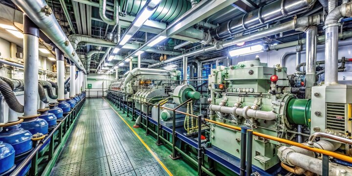 Complex engine room with marine engine installation