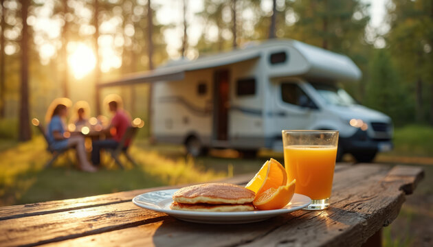 Family eats breakfast at camp in forest near RV car at morning. Pancakes and orange juice at wooden table. People enjoy nature travel lifestyle vacation together.