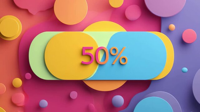 Colorful shapes and patterns fill the screen, prominently showcasing a bold fifty percent in a playful design