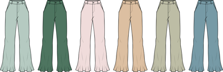 Collection of flat technical drawings showcasing various colorful women's flared trousers, perfect for fashion design inspiration and apparel mockups