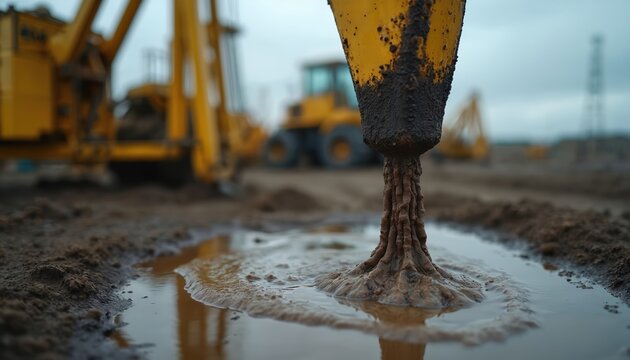 Muddy slurry spills from yellow construction equipment onto wet ground. Heavy machinery operates on an oil drilling site. Workers oversee site development under cloudy sky.
