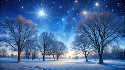 Snowy rural winter landscape at night with bare trees and twinkling stars in the sky
