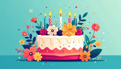 A whole anniversary or birthday cake lavishly decorated with flowers, berries, and burning candles