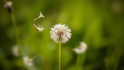 trusteeship. Dandelion seeds drifting in gentle breeze against soft green background. gardening catalogs, home-decor guides, designed for home decor and floral branding, promotes healthy living.