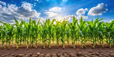 Isolated corn stalks with green leaves and roots in a rustic field against a blue sky with fluffy white clouds on a warm sunny day