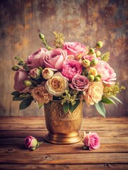 Vintage style pink and gold floral arrangement on a wooden table
