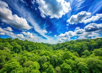 Dense forest canopy with blue sky and fluffy white clouds