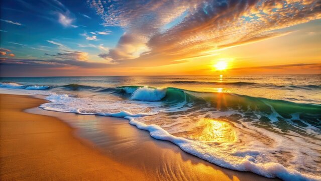 Gentle ocean wave breaks on a serene sandy beach at sunset