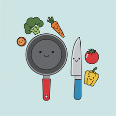 Minimal Pop Cooking Frying Pan Knife Vegetable Icon | ミニマルポップな料理フライパンと野菜のアイコン