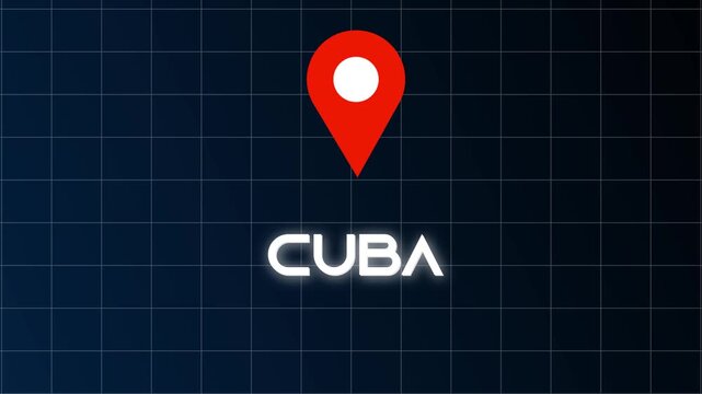 Cuba glowing location map icon rendered in vibrant neon-line animation floating over a deep black background.