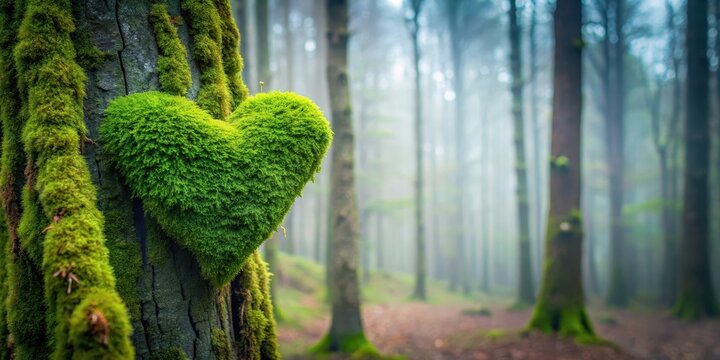 Heart-shaped moss growing on a gnarled tree trunk in a misty forest environment