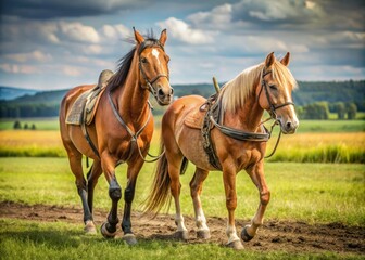 Horse with saddle and harness in a field