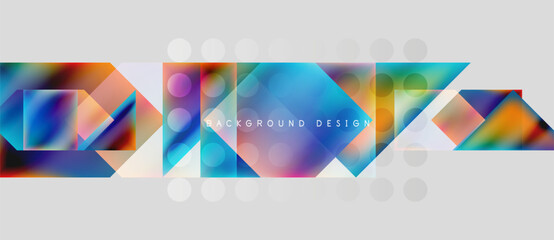 Abstract geometric shapes, vibrant colors, modern design. Gradient squares, triangles create dynamic background. Text reads background design.
