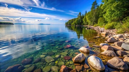 Rocky shoreline with waves gently lapping at the edge of a serene lake