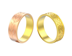 Elegant carved gold rings with leaf-inspired design isolated on transparent PNG