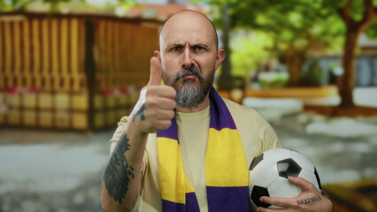 Bearded bald man with tattoo holds soccer ball and shows thumbs up in outdoor park wearing a yellow and purple scarf.