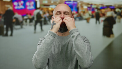 Fototapeta premium Man smiling at airport terminal with a beard and tattooed hands, surrounded by bustling travelers inside a modern indoor setting showcasing vibrant colors and a relaxed vibe.