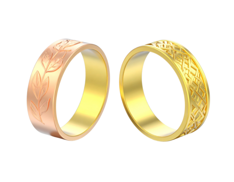 Elegant carved gold rings with leaf-inspired design isolated on transparent PNG