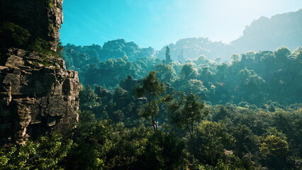 Fototapeta premium Towering cliffs rise above a verdant valley, where rich trees blanket the landscape. Sunlight bathes the scene, highlighting the beauty of natures untouched paradise.