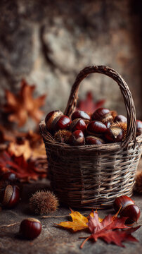 Autumn still life with basket of chestnuts and colorful leaves