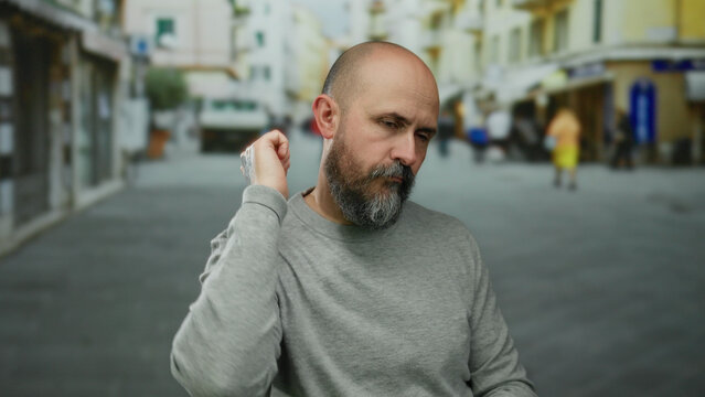 Bald man with beard dancing energetically on urban street during daytime, showcasing carefree spirit and confident moves, wearing casual gray sweater, blending with cityscape background.