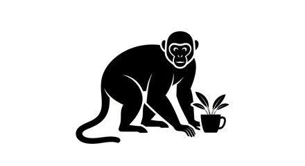 Monkey silhouette holding cup and plant on white background