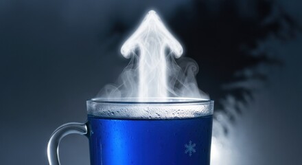 Steaming blue liquid in a glass mug with a glowing arrow rising upwards conceptual illustration for growth and success