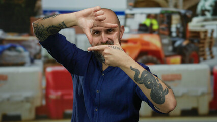 Man with tattoos framing face at construction site creates dynamic expressions in a blue shirt, showcasing bald head and beard amid industrial backdrop.