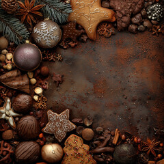 Christmas background with chocolate, gingerbread, and festive decorations in brown tones