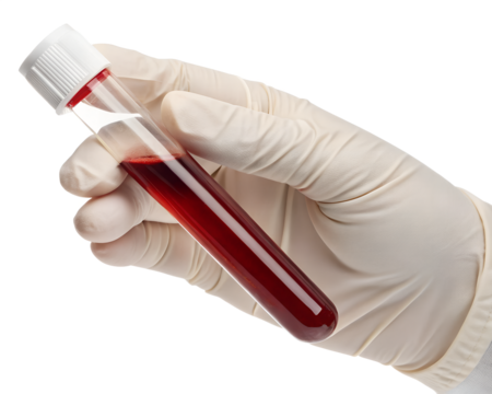 Gloved Hand Holding a Capped Test Tube with Red Blood Sample