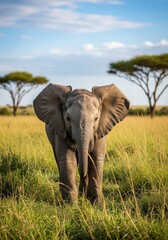 Young Elephant Standing in Tall Grass Under Blue Sky with Trees in the Background