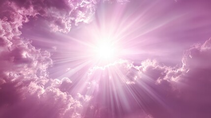 Sunbeams breaking through soft pink clouds against a purple sky rays of light