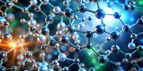 Close-up of molecular structure with glowing atoms and interconnecting bonds
