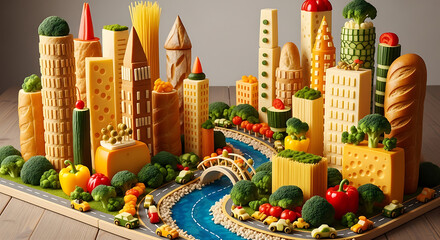Edible city skyline made of cheese, pasta, bread, and vegetables