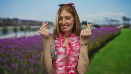 Young blonde woman wearing bikini and floral lei forming heart shape with fingers in park; love affection joy.