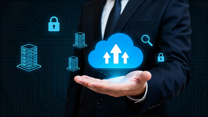 Business professional presenting cloud computing technology with data security and server icons