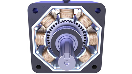 Industrial Stepper Motor Model. Synchronous Electric Motor Rotor and Stator. High-quality 3D rendering isolated on white background. Ideal for educational, engineering and industrial design